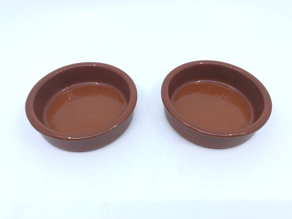 2 RED ROUND TERRA COTTA CAT DISHES.