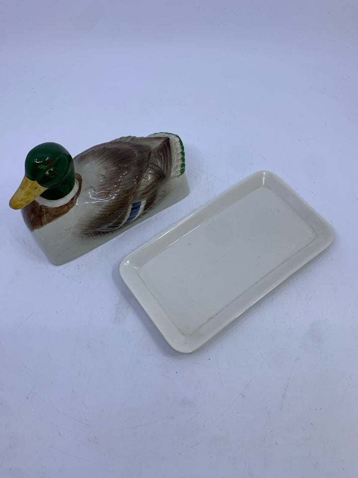 2 PC GREEN HEAD DUCK BUTTER DISH.