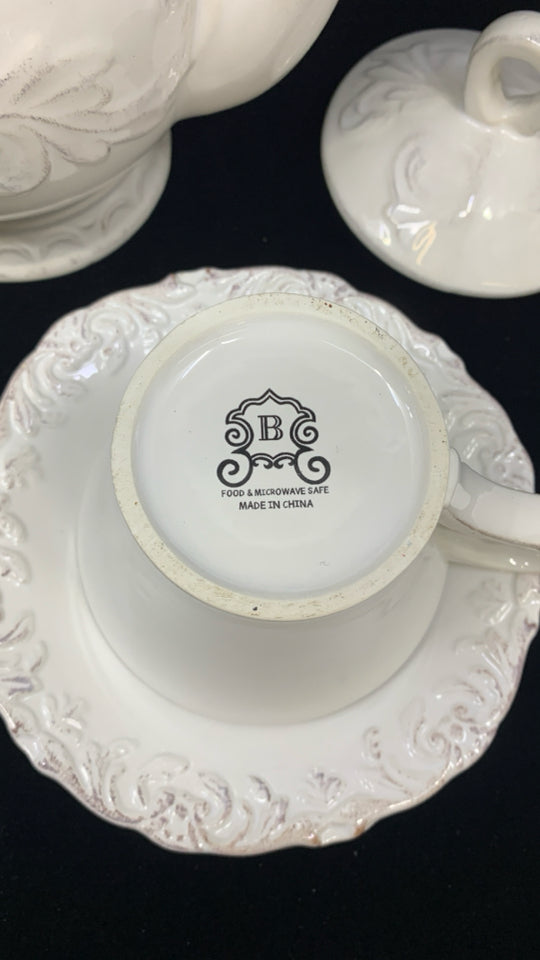 TEAPOT + 2 CUPS & SAUCERS WHITE/GRAY CERAMIC SCALLOPED RAISED PATTERN.