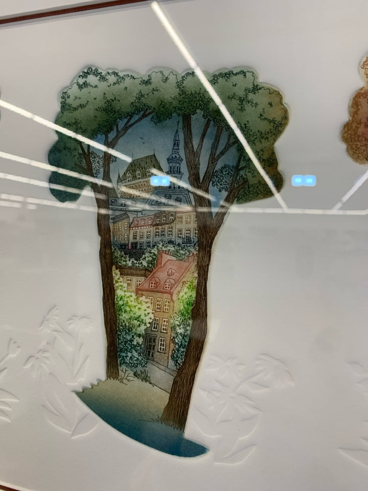 4 SEASONS TREES W/BUILDINGS EMBOSSED PRINT- SIGNED BY ARTIST.