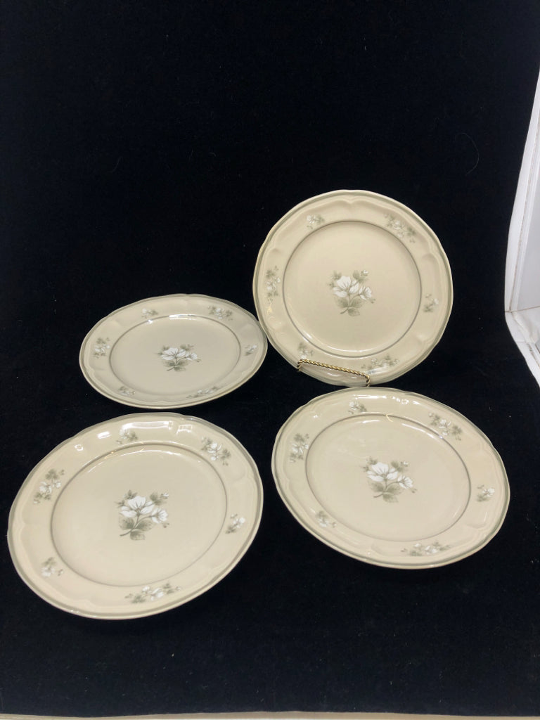 4 GREY W/ WHITE FLORAL LUNCH PLATES.