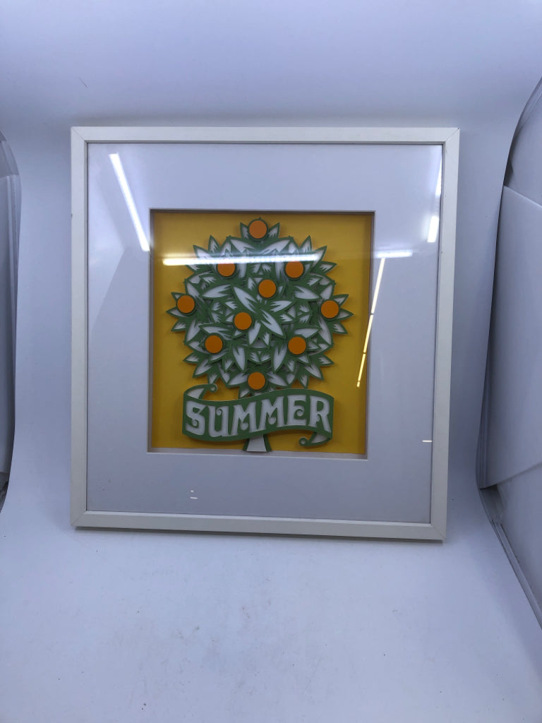 SHADOW BOX W/ PAPER ORANGE TREE "SUMMER" WALL ART.