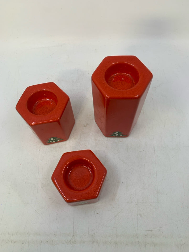 3 WAECHTERSBACH CHRISTMAS TREE RED CERAMIC TEA LIGHT HOLDERS HEXAGON SHAPE.