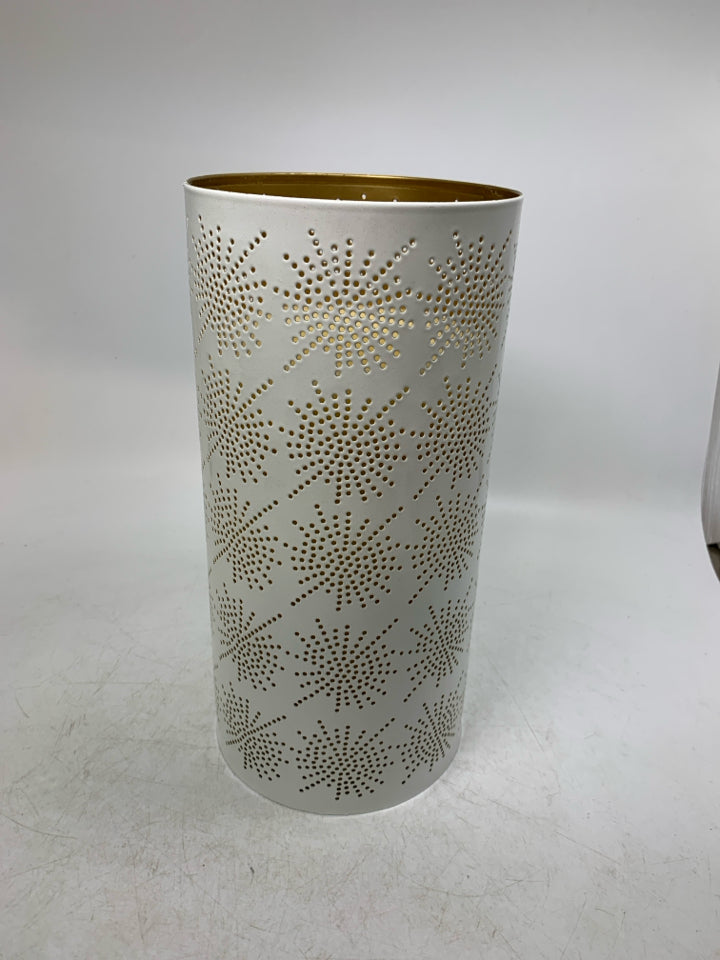 PIERCED METAL CYLINDER CANDLE HOLDER W/ FAUX PILLAR CANDLE.