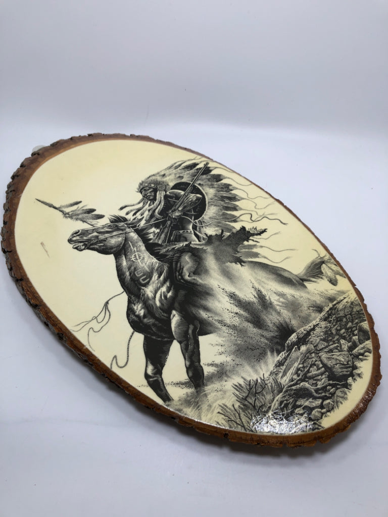 VTG WARRIOR ON HORSEBACK TREE SLAB WALL PLAQUE.
