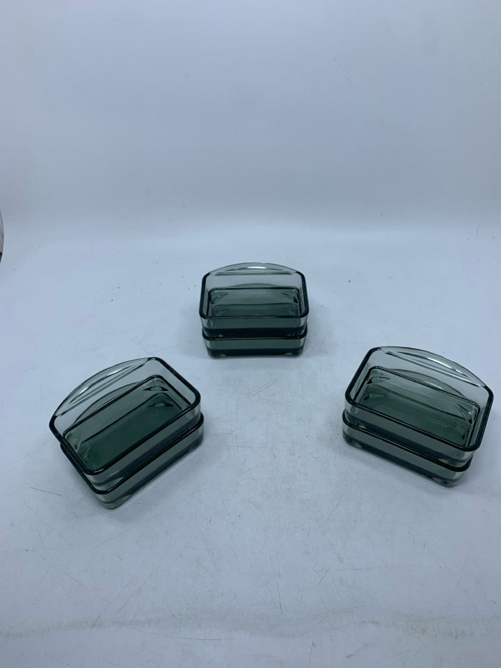 6 VTG SMOKEY GLASS CONDIMENT DISHES W/ HANDLES.