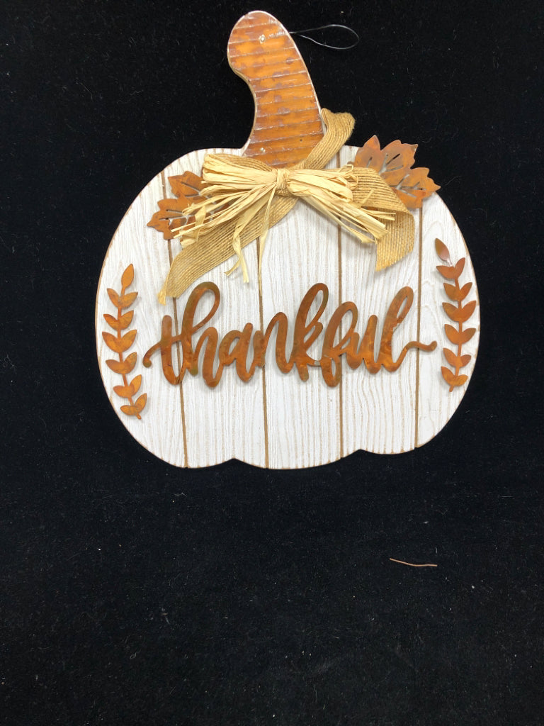 'THANKFUL' WOODEN PUMPKIN W/METAL ACCENTS/STEM.