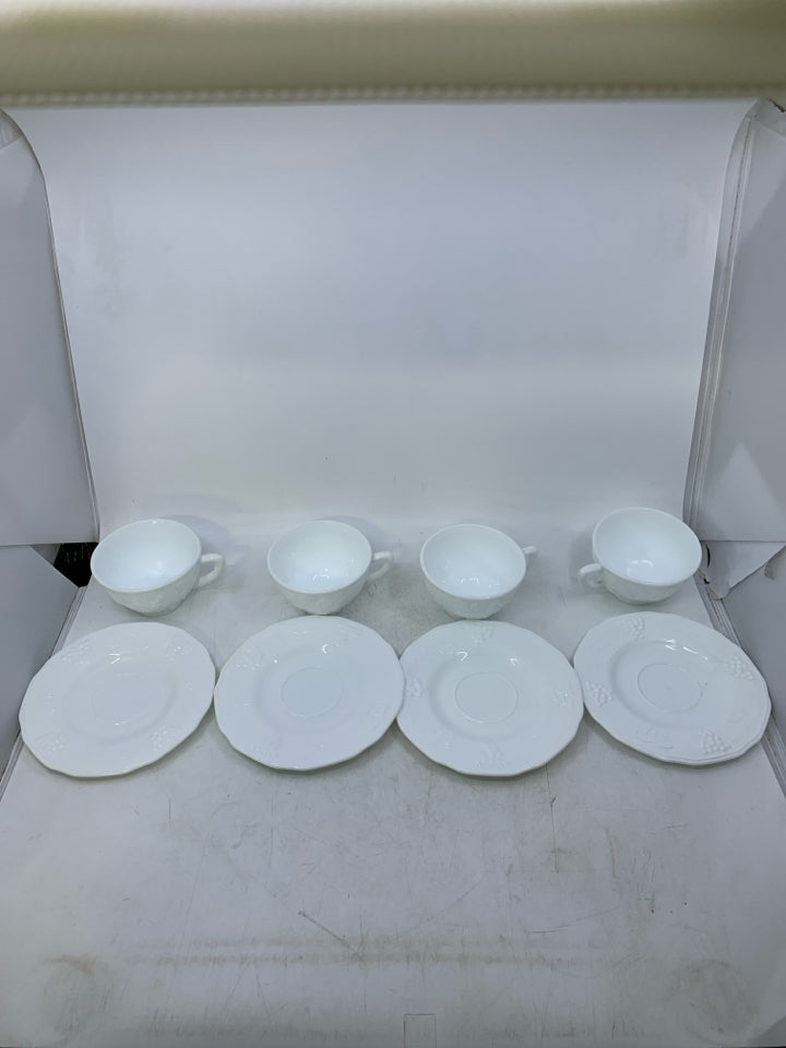 8 PC SVC 4 WHITE GLASS W/ EMBOSSED GRAPES,LEAVES TEA CUP/ SAUCER.