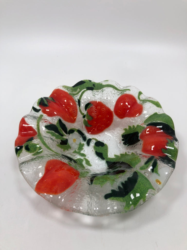 STRAWBERRY BOWL W/RUFFLE EDGE- FUSED GLASS.