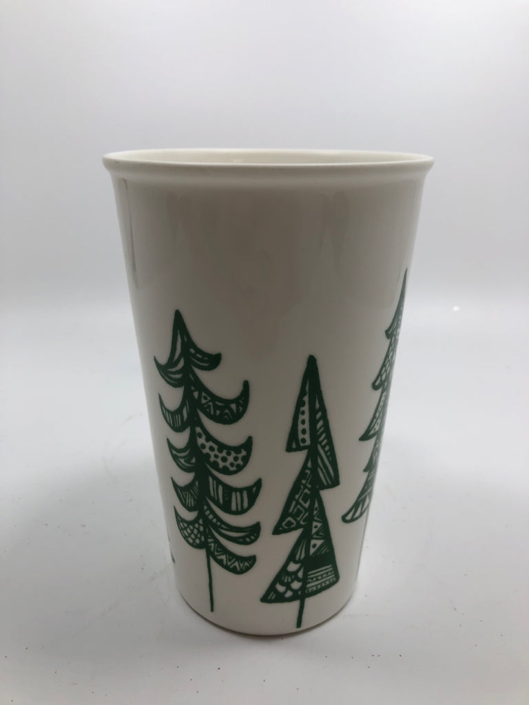 TALL WHITE W/GREEN TREES STARBUCKS MUG.