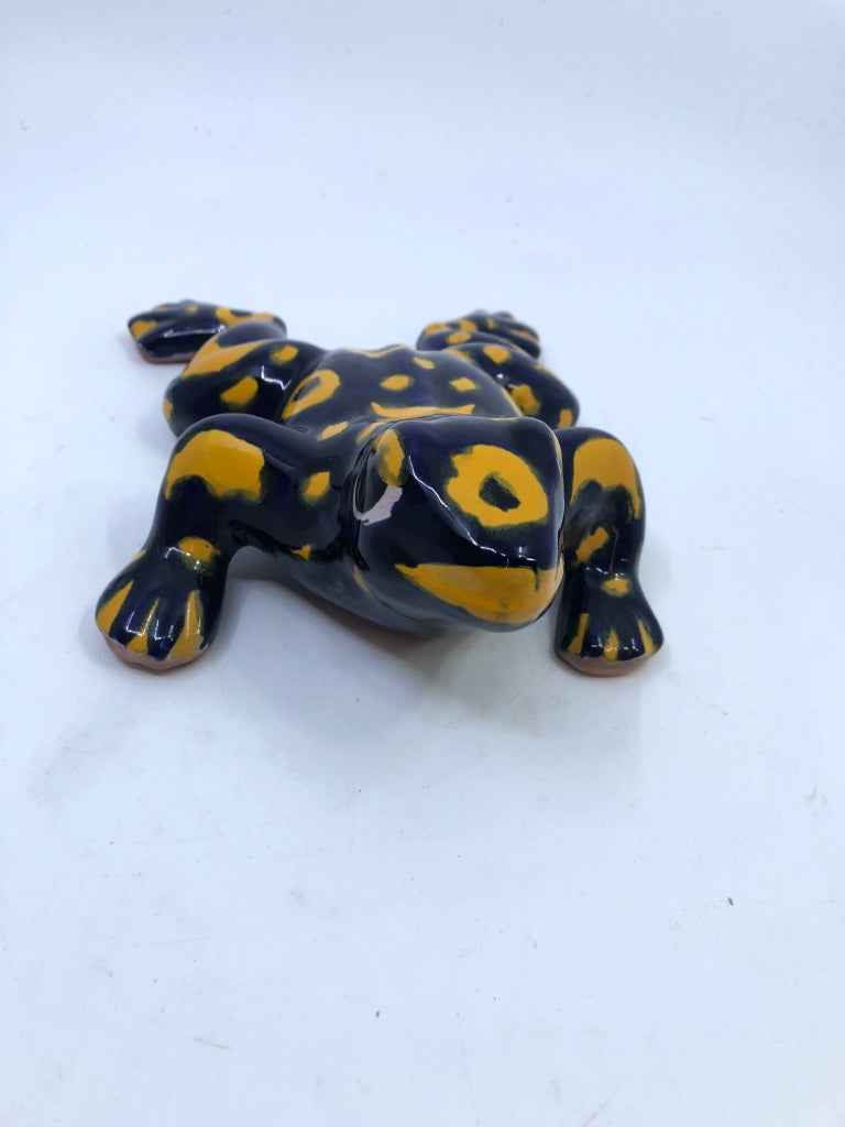TERRA COTTA BLUE AND YELLOW FROG.