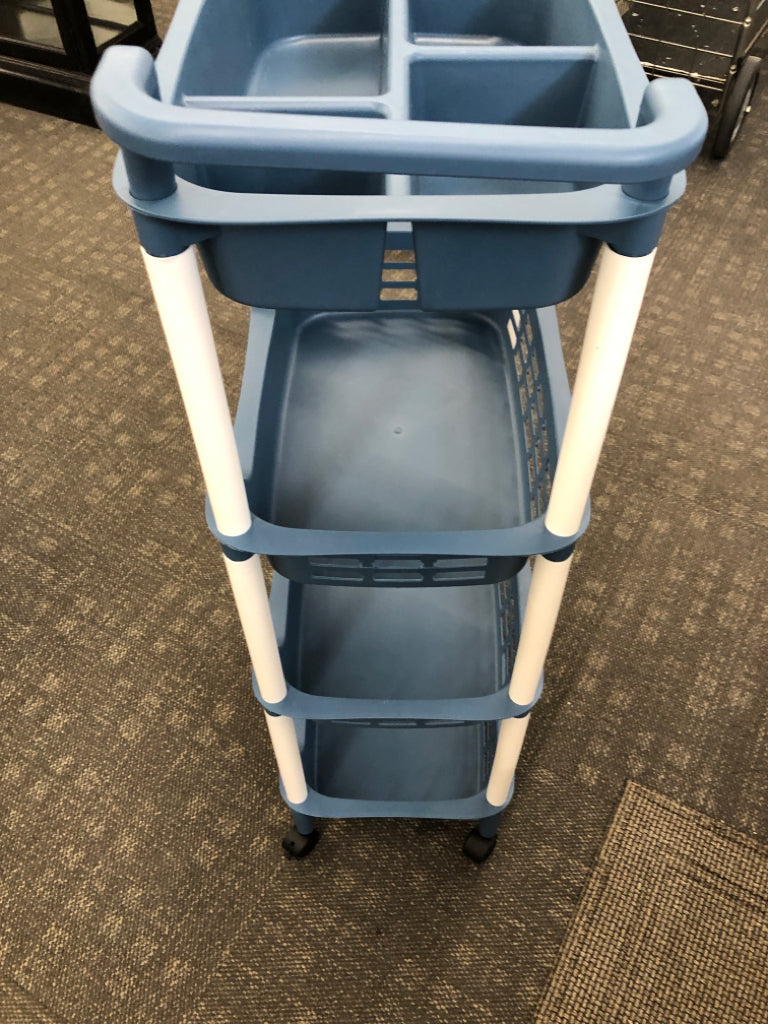 BLUE MULTI-TIER PLASTIC ROLLING CART W/ORANGE HOOKS.