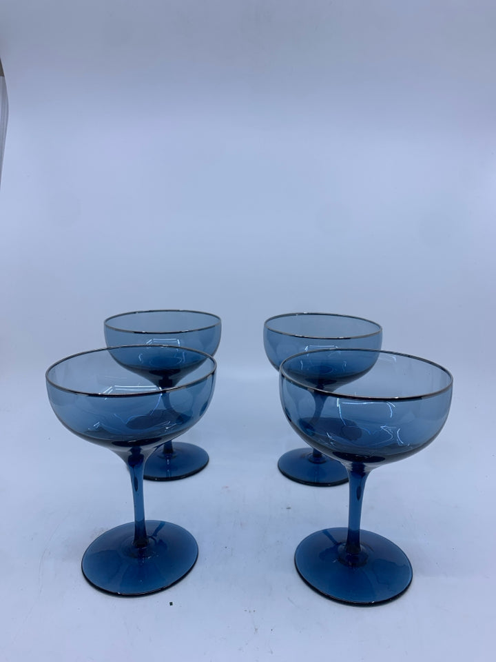 4 LENOX BLUE WINE/COUPE GLASSES W SILVER RIM.