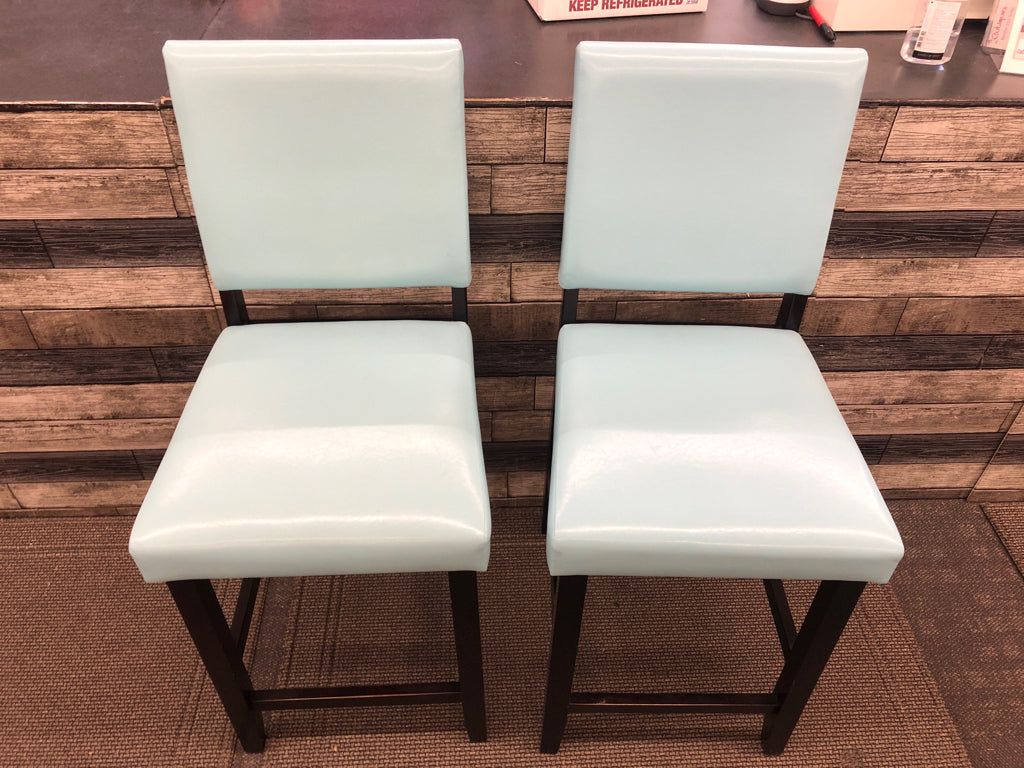 2 AQUA FAUX LEATHER BAR STOOLS W/ BLACK LEGS.