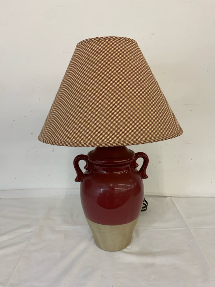 PRIMITIVE RED TAN JUG LAMP W RED SHADE.