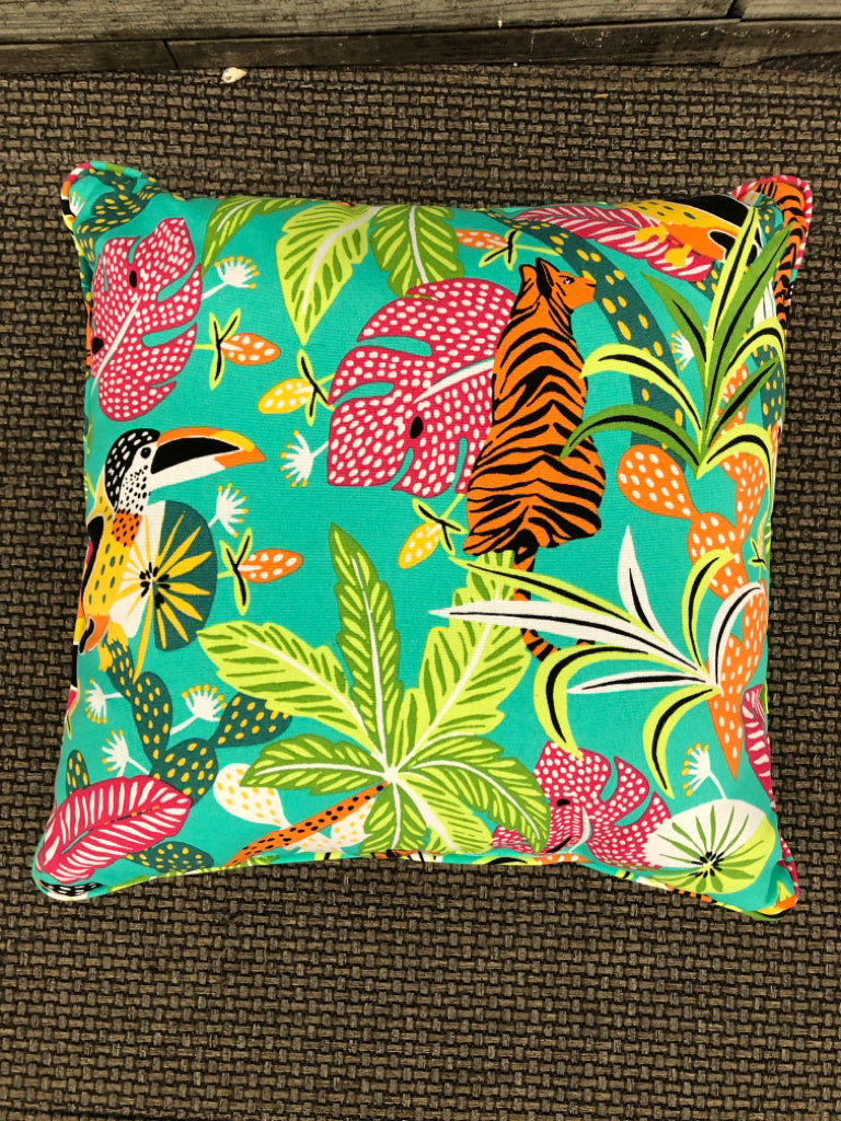 COLORFUL TIGER & PALM TREE PILLOW.