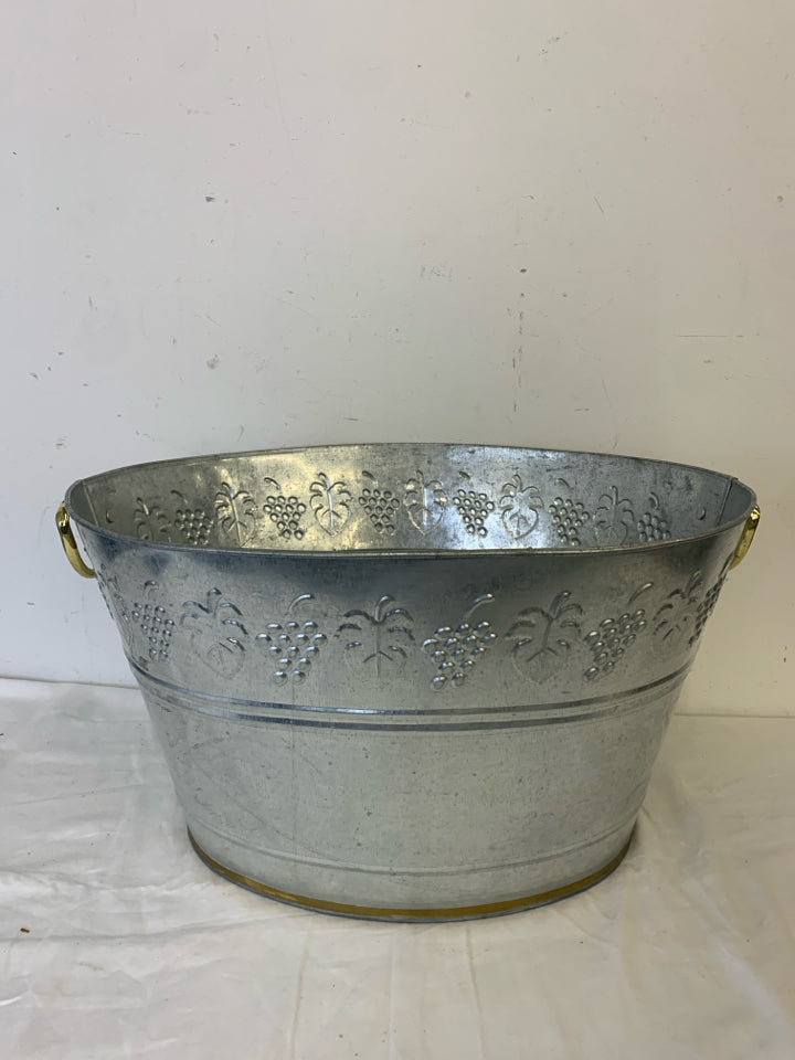 LARGE GALVANIZED DRINK BUCKET W/ EMBOSSED GRAPES+LEAVES GOLDEN HANDLES.