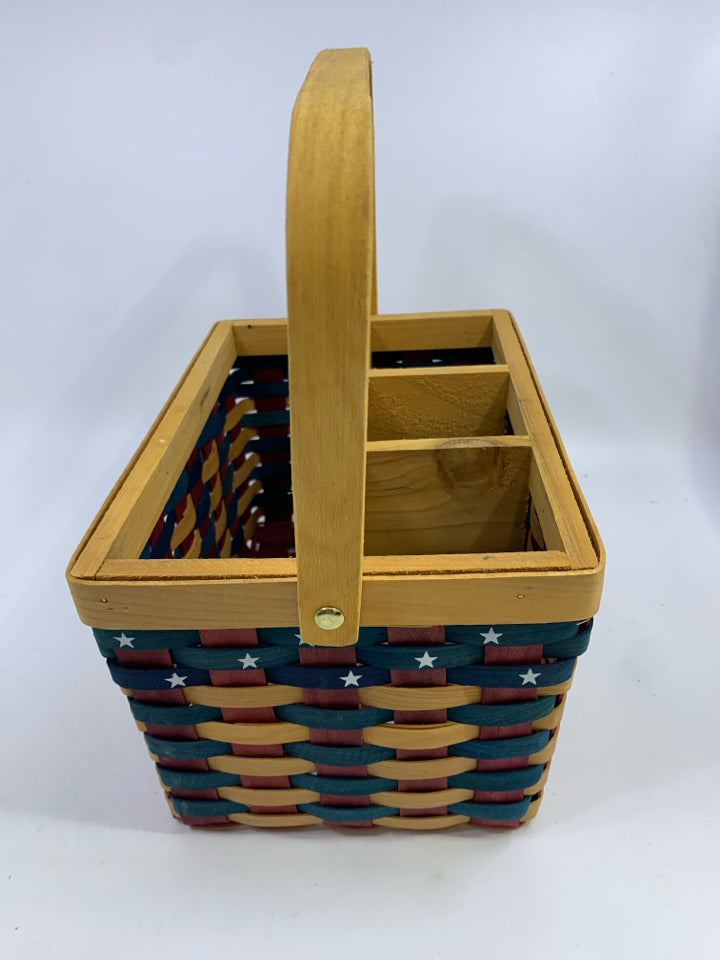 WOVEN AMERICANA UTENSIL HOLDER W/WOODEN HANDLE.