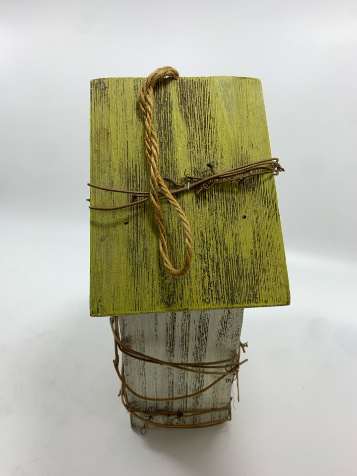 RUSTIC WOOD BIRDHOUSE W/FAUX TWIGS AND METAL BUTTERFLY.