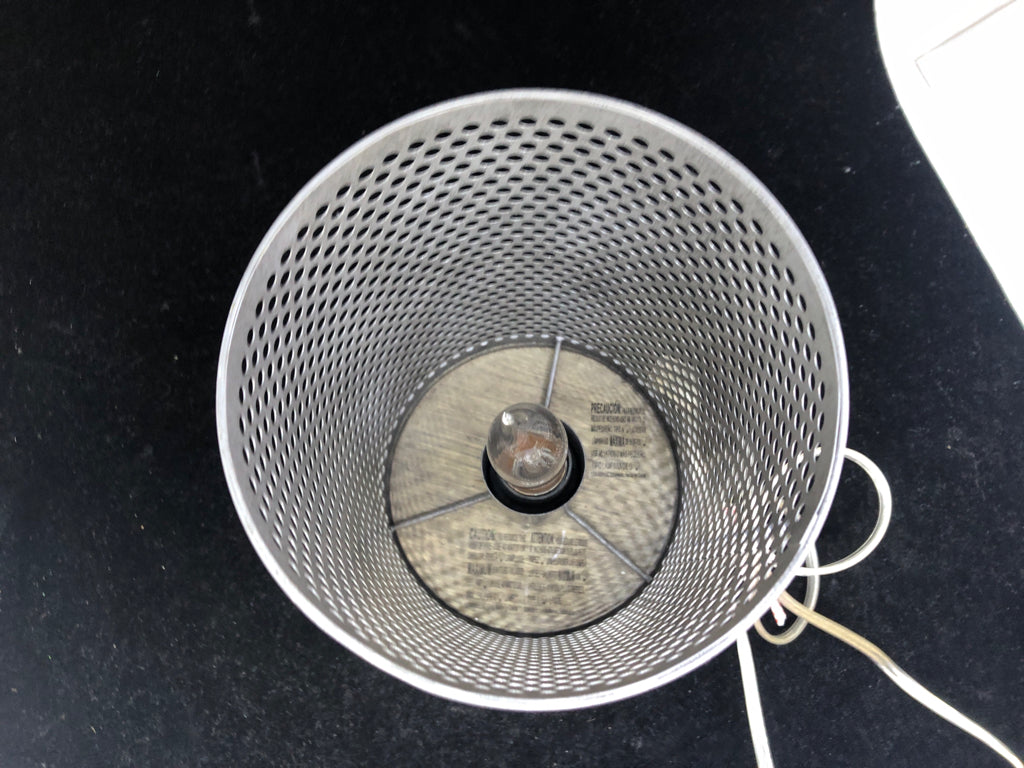 GREY CYLINDER PIERCED METAL LAMP.