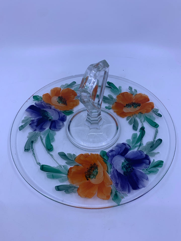 ORANGE AND BLUE PAINTED FLOWERS GLASS SERVER W/ CENTER HANDLE.