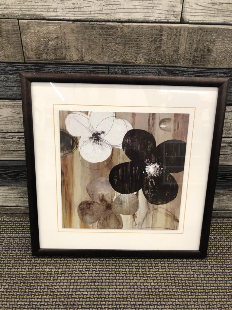 BLACK, WHITE, GREY FLOWERS FRAMED PRINT.