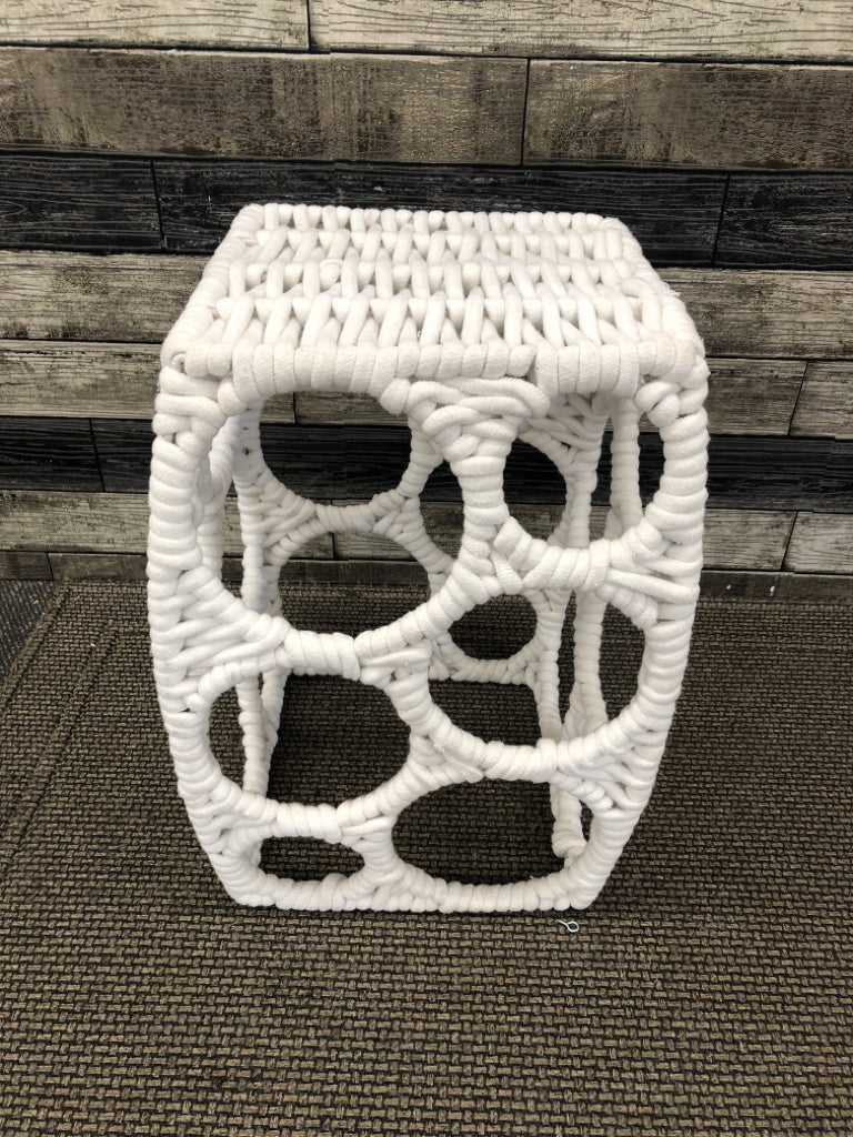 WHITE ROPE-WRAPPED GEOMETRIC ACCENT TABLE.