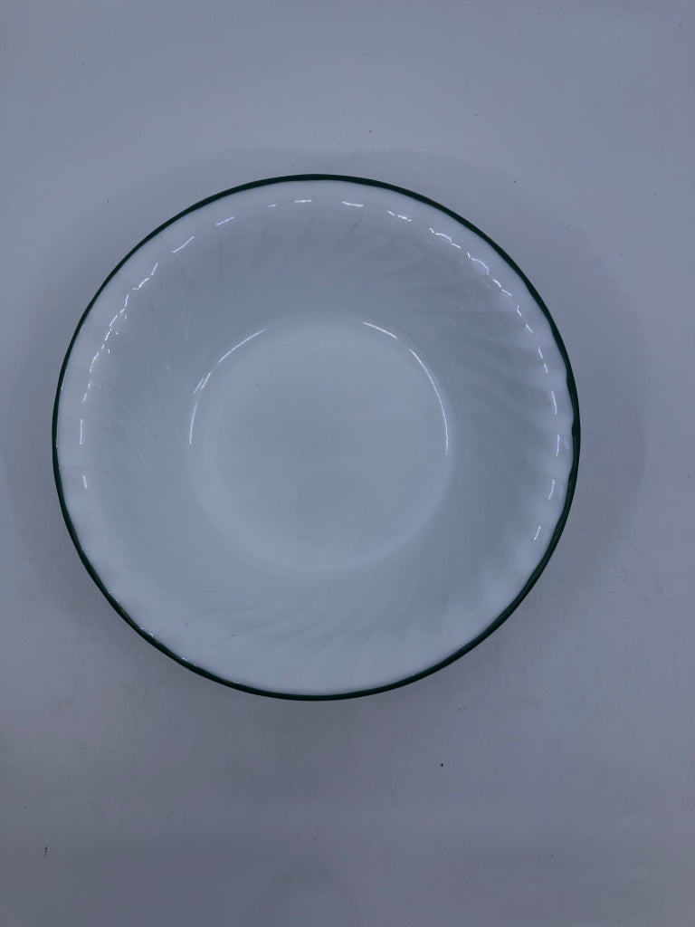 5 WHITE W GREEN RIM CORELLE BOWLS.