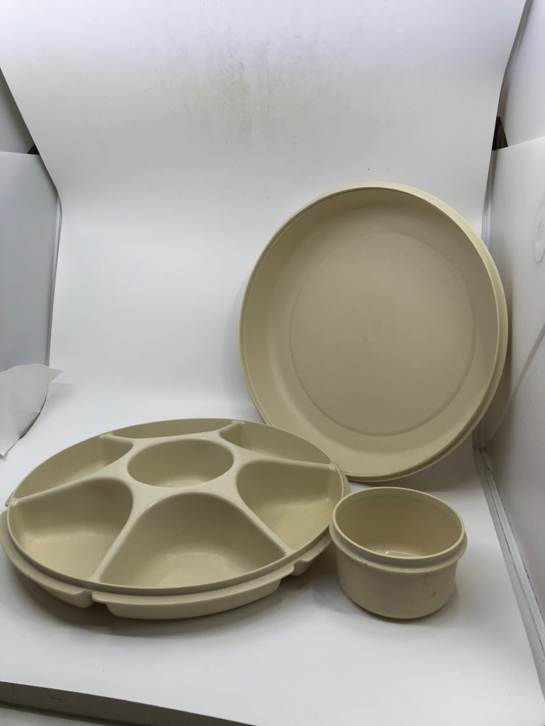 VTG TAN  DIVIDED SERVER WITH DIP BOWL.