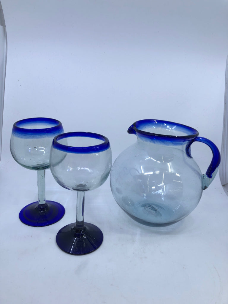 3PC BLUE BLOWN GLASS PITCHER + 2 GLASSES.