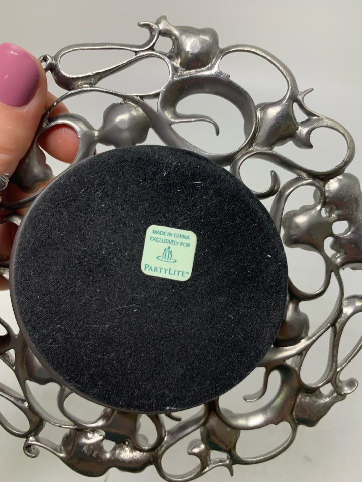 METAL PILLAR CANDLE PLATE W/ PINK/BLUE GEM FLOWERS.