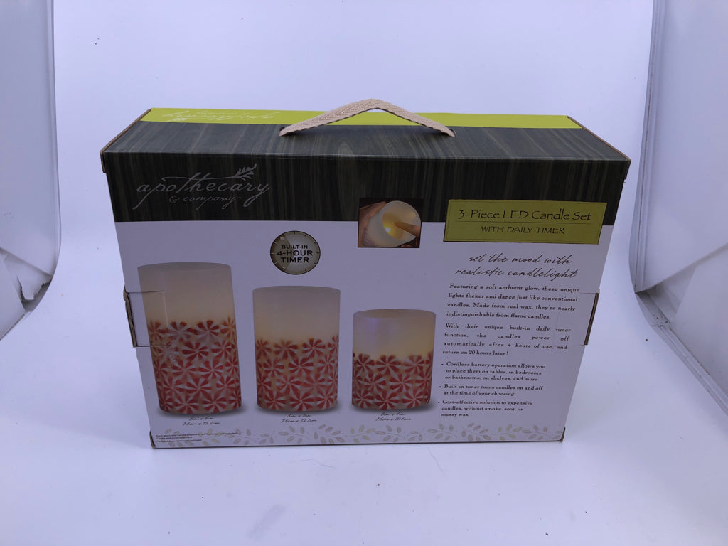 NIB 3PC LED PEPPERMINT CANDY CANDLE SET.