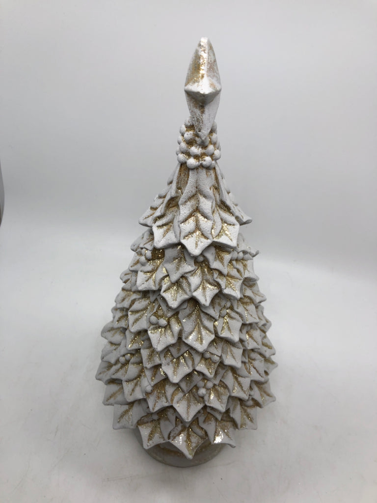 RESIN GREY CHRISTMAS TREE W/ GOLD SPARKLES.