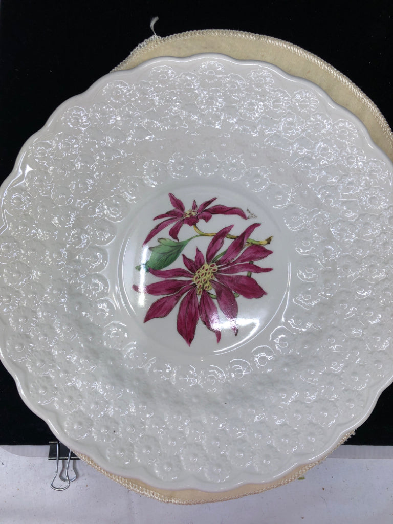 VTG 13 WHITE EMBOSSED FLORAL PLATES.