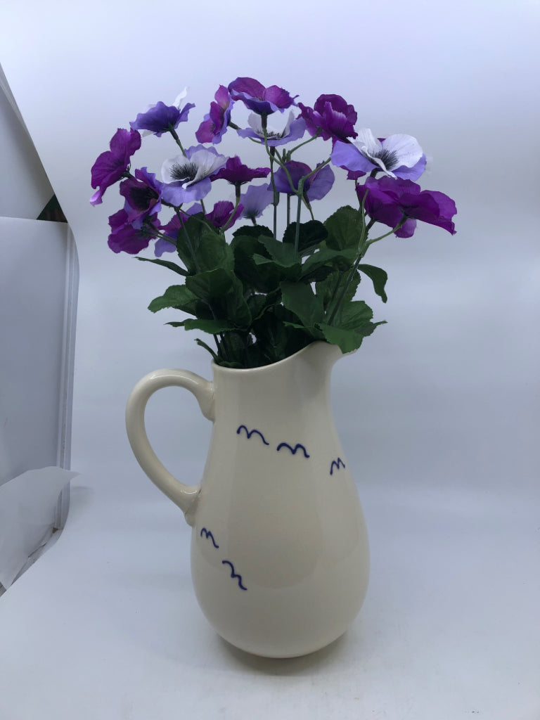 FAUX PURPLE FLORAL IN BLUE SAILBOAT PITCHER.