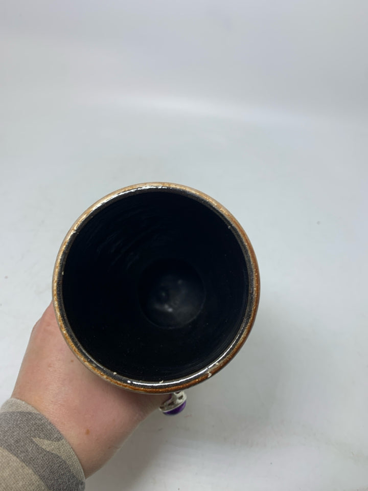 DARK BROWN/TAN STRIPED POTTERY VASE.