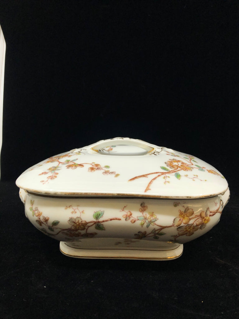 VTG LIMOGES COVERED DISH W/HANDLES- T&V MARGUERITE BROWN BLOSSOM.