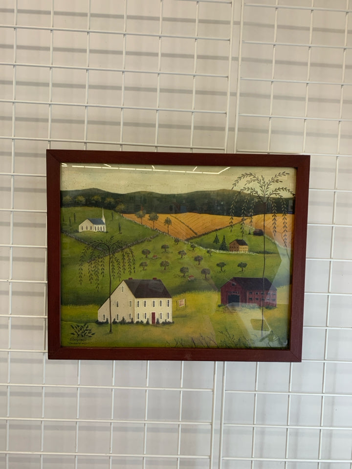 "ORCHARD HILL" RED FRAMED LANDSCAPE.