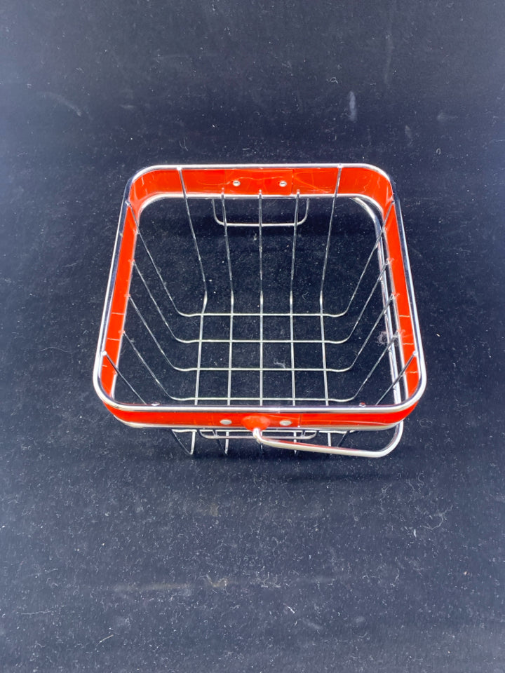 SILVER METAL SQUARE BASKET W/ORANGE STRIPE & HANDLE 6.