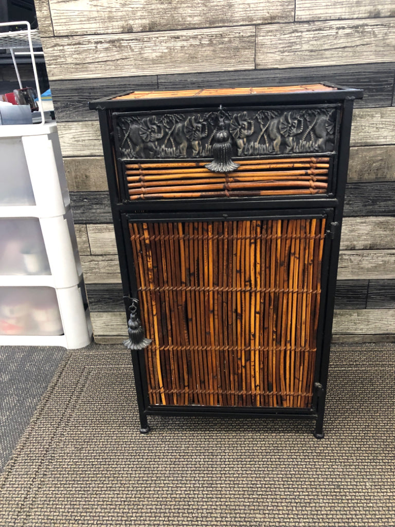 LIGHT WEIGHT BLACK METAL CABINET W/ BAMBOO DETAIL + DRAWER.