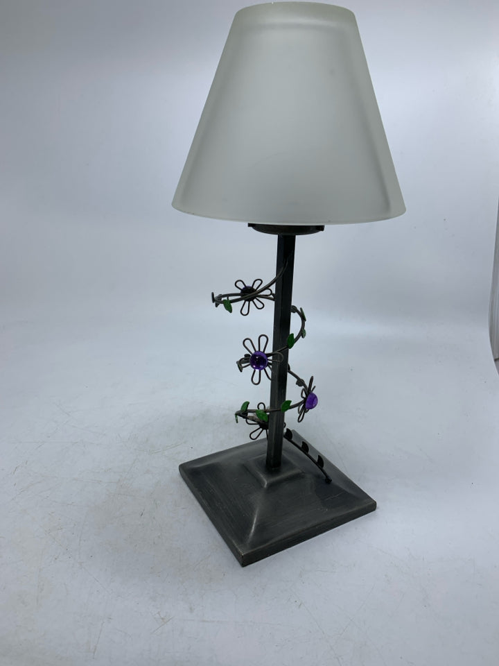 METAL TEA LIGHT CANDLE LAMP W/ FROST GLASS SHADE.