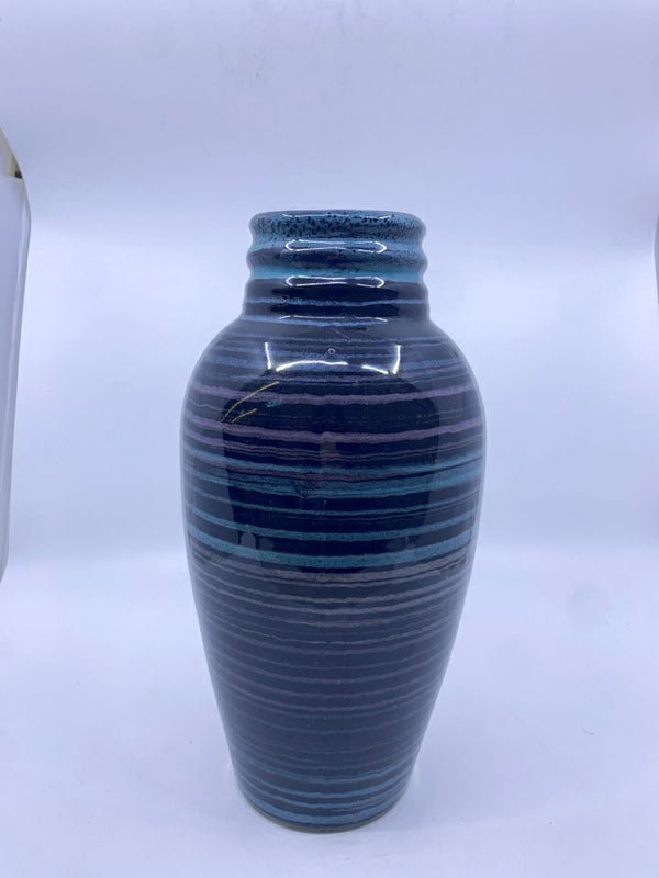 BLACK W BLUE/ PINK STRIPES VASE.