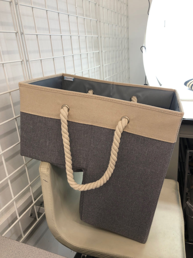 GREY/TAN FABRIC STAIR STORAGE BIN.