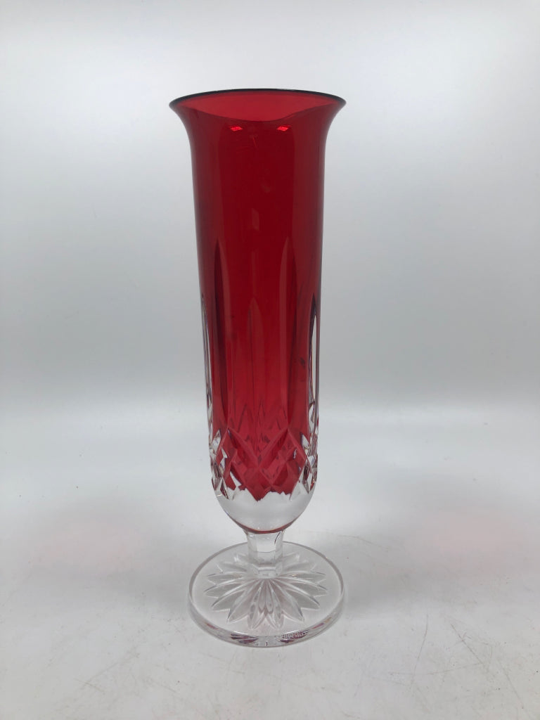 WATERFORD RED LISMORE CRYSTAL BUD VASE.