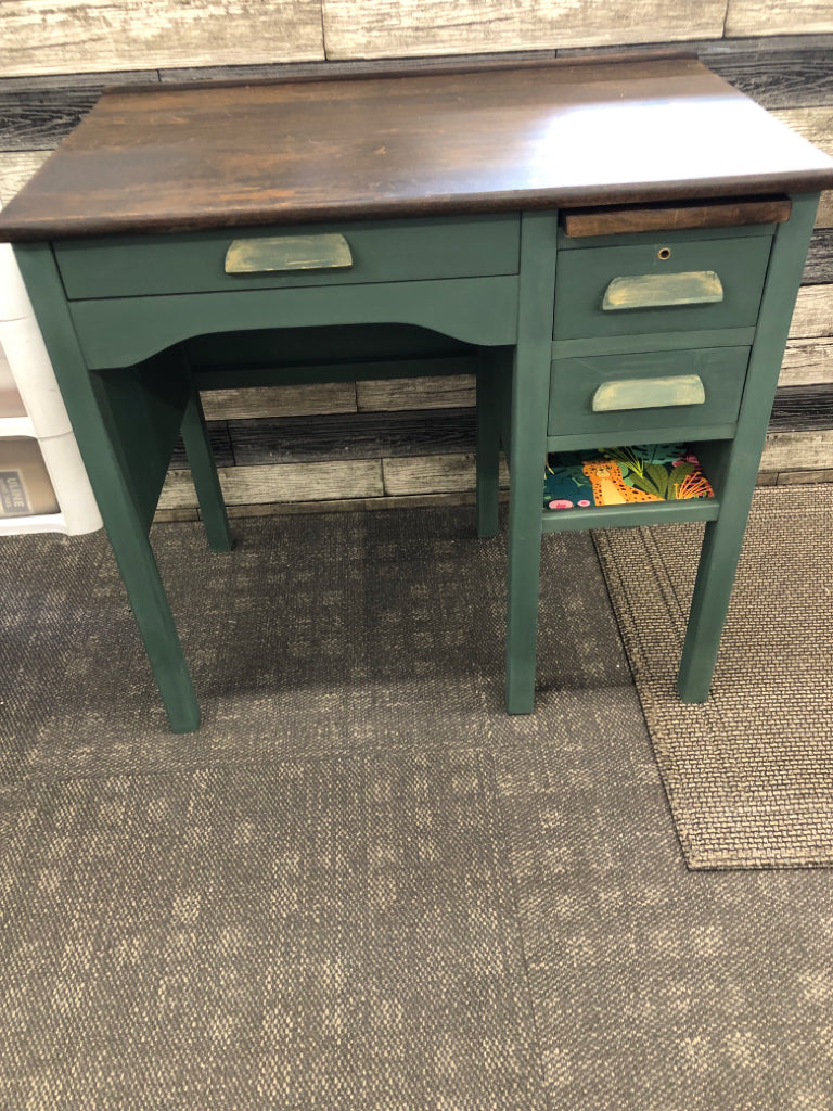 GREEN PAINTED DESK, STAINED FINISH TOP.