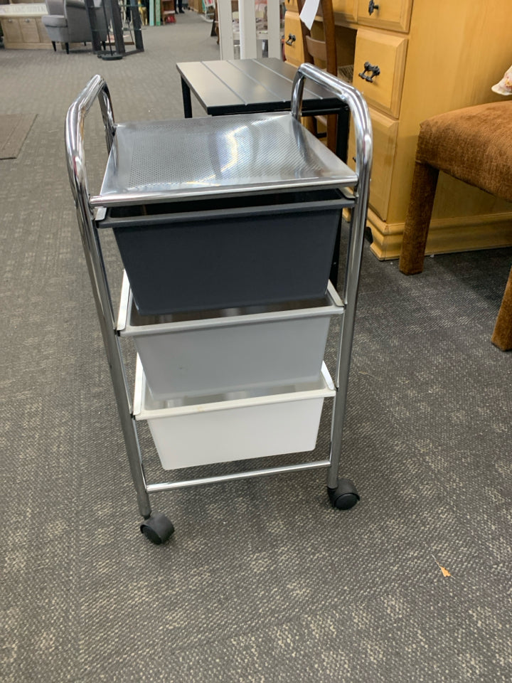 3-BIN STORAGE UNIT ON WHEELS W/GRAY&WHITE BINS.
