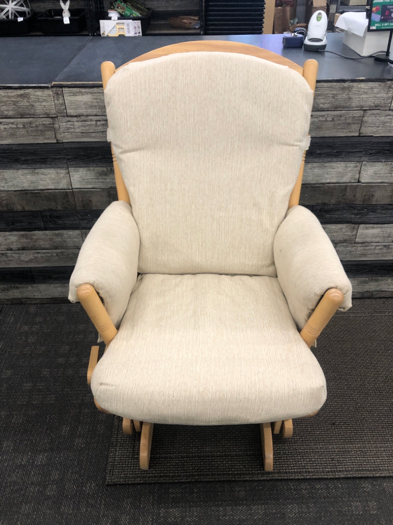 BLONDE WOOD SHERMAG CREAM CUSHION GLIDING ROCKER.