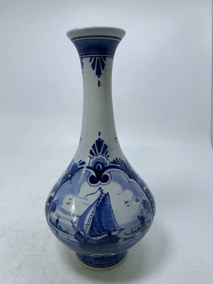 VTG FOOTED FLORAL W/ SAILBOAT PAINTED VASE W/ SKINNY NECK.