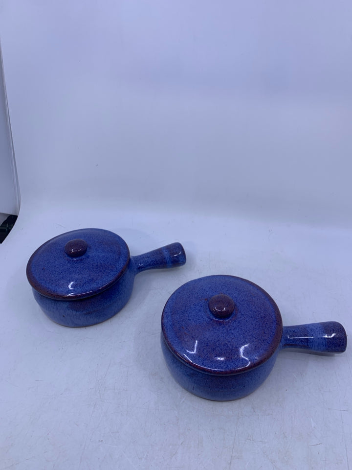 2 BLUE/PURPLE TERRA COTTA FRENCH ONION SOUP CROCKS W/ LIDS RIMS UNEVEN.