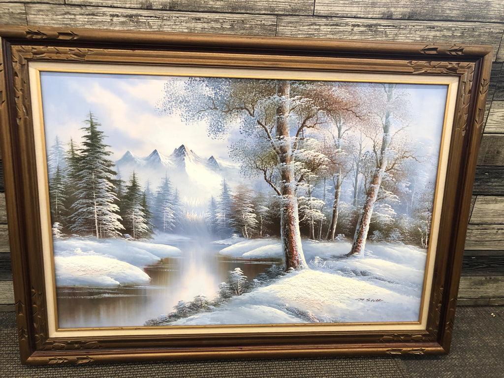 WINTER FOREST PAINTING IN BRONZE FRAME.
